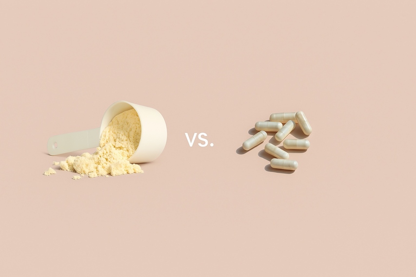 Visual comparison of collagen capsules and powder with a focus on dosage, effectiveness, and benefits for hair growth and skin health.