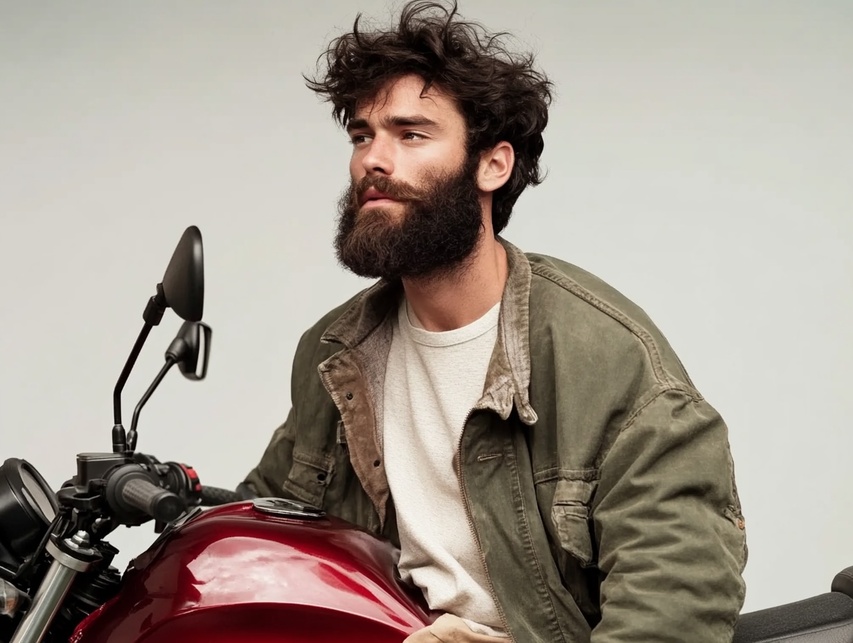 Illustration of beard growth treatments including Minoxidil, natural serums, and vitamins used to promote thicker facial hair.